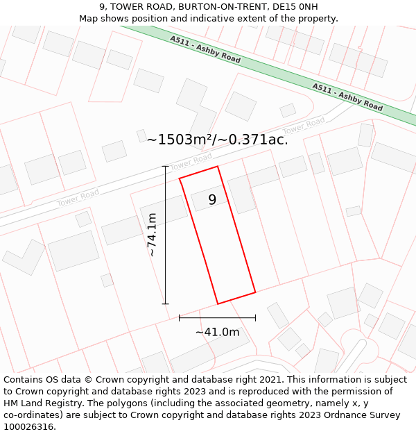 9, TOWER ROAD, BURTON-ON-TRENT, DE15 0NH: Plot and title map