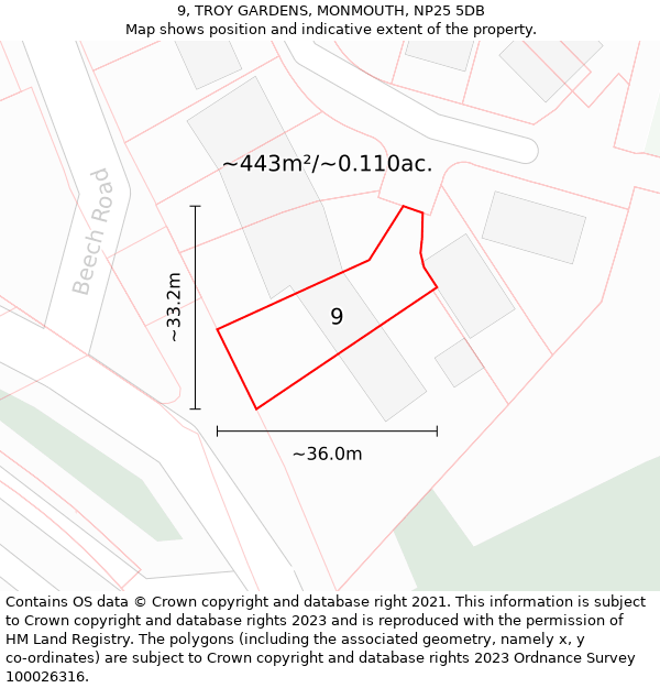 9, TROY GARDENS, MONMOUTH, NP25 5DB: Plot and title map