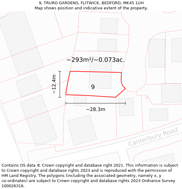 9, TRURO GARDENS, FLITWICK, BEDFORD, MK45 1UH: Plot and title map