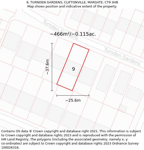 9, TURNDEN GARDENS, CLIFTONVILLE, MARGATE, CT9 3HB: Plot and title map