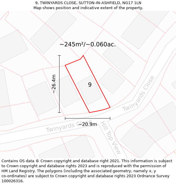 9, TWINYARDS CLOSE, SUTTON-IN-ASHFIELD, NG17 1LN: Plot and title map