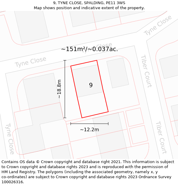9, TYNE CLOSE, SPALDING, PE11 3WS: Plot and title map