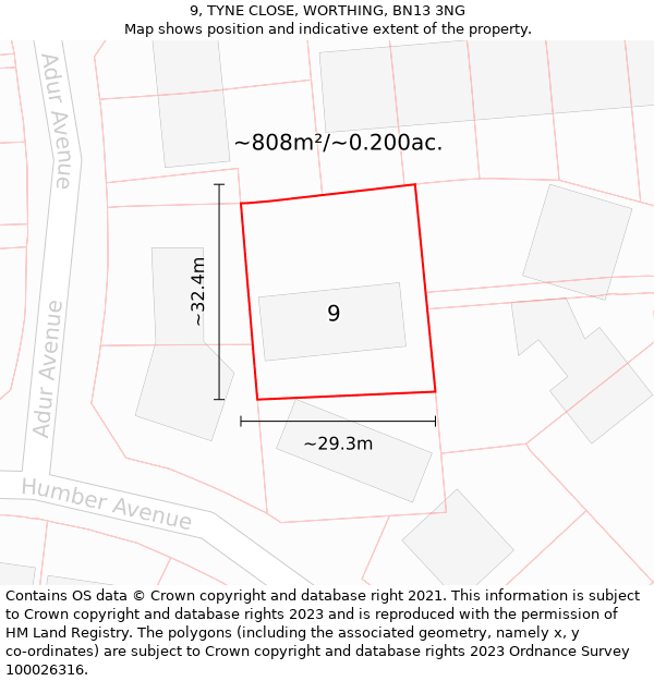 9, TYNE CLOSE, WORTHING, BN13 3NG: Plot and title map