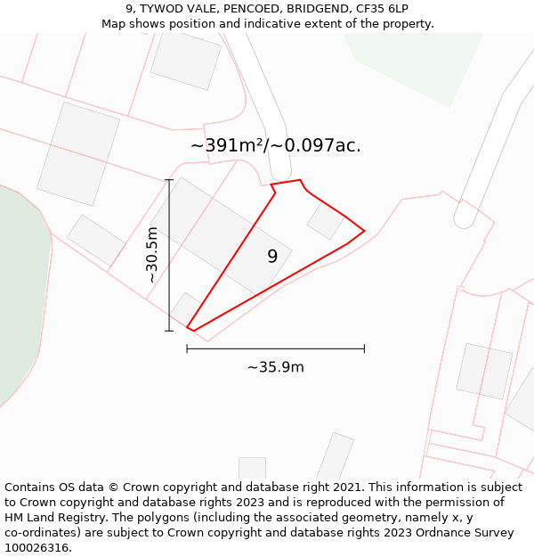 9, TYWOD VALE, PENCOED, BRIDGEND, CF35 6LP: Plot and title map