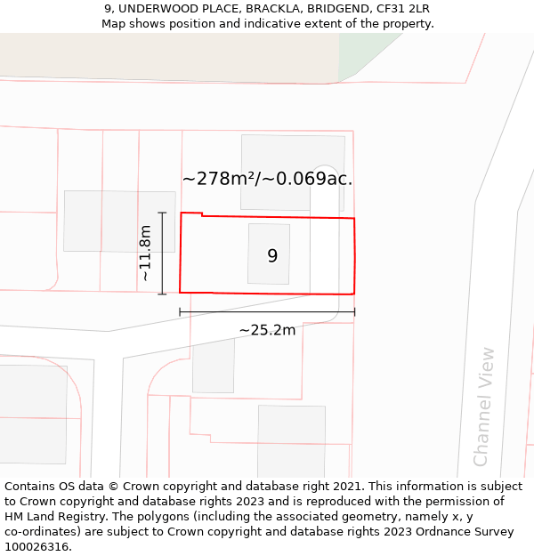 9, UNDERWOOD PLACE, BRACKLA, BRIDGEND, CF31 2LR: Plot and title map