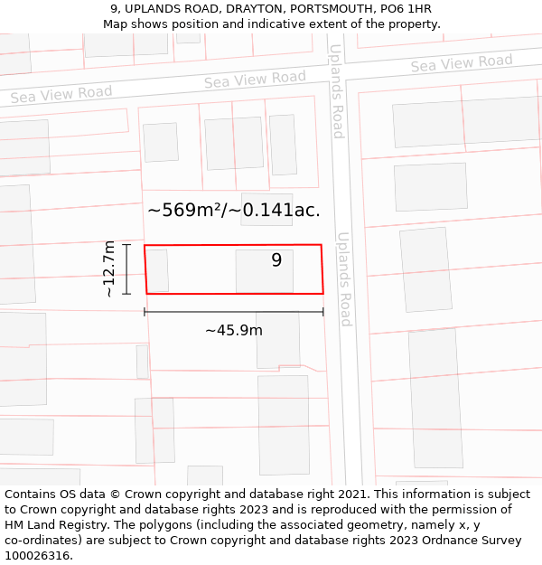 9, UPLANDS ROAD, DRAYTON, PORTSMOUTH, PO6 1HR: Plot and title map