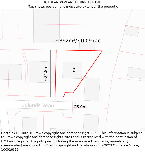 9, UPLANDS VEAN, TRURO, TR1 1NH: Plot and title map