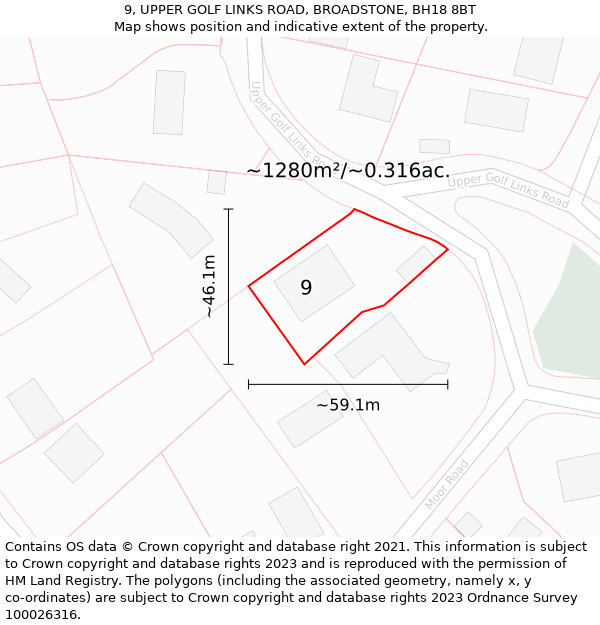 9, UPPER GOLF LINKS ROAD, BROADSTONE, BH18 8BT: Plot and title map