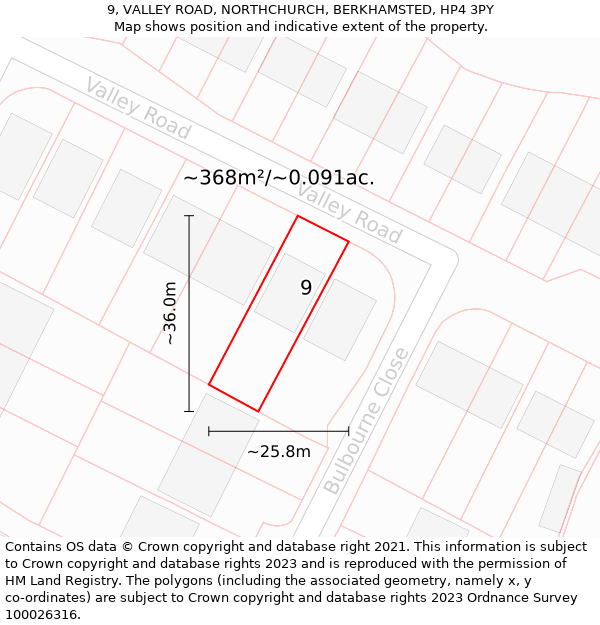 9, VALLEY ROAD, NORTHCHURCH, BERKHAMSTED, HP4 3PY: Plot and title map