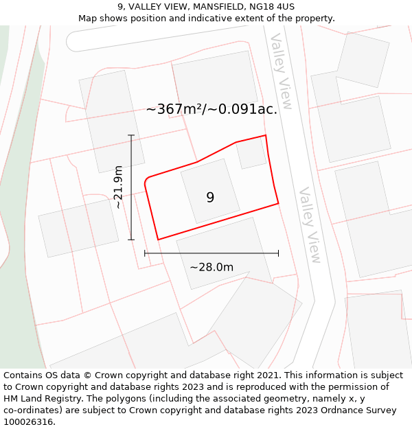 9, VALLEY VIEW, MANSFIELD, NG18 4US: Plot and title map