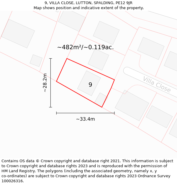 9, VILLA CLOSE, LUTTON, SPALDING, PE12 9JR: Plot and title map