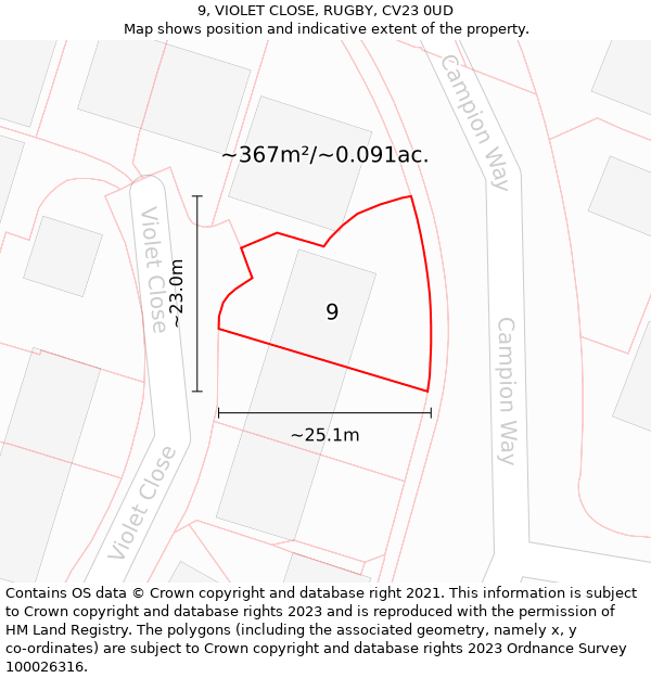 9, VIOLET CLOSE, RUGBY, CV23 0UD: Plot and title map