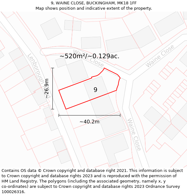 9, WAINE CLOSE, BUCKINGHAM, MK18 1FF: Plot and title map