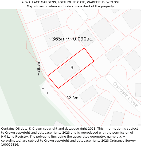 9, WALLACE GARDENS, LOFTHOUSE GATE, WAKEFIELD, WF3 3SL: Plot and title map