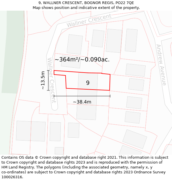 9, WALLNER CRESCENT, BOGNOR REGIS, PO22 7QE: Plot and title map