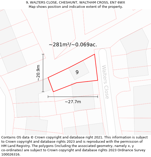 9, WALTERS CLOSE, CHESHUNT, WALTHAM CROSS, EN7 6WX: Plot and title map
