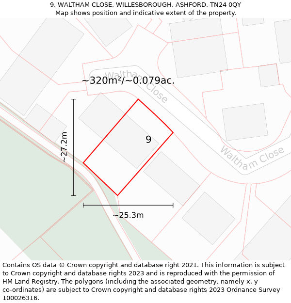 9, WALTHAM CLOSE, WILLESBOROUGH, ASHFORD, TN24 0QY: Plot and title map