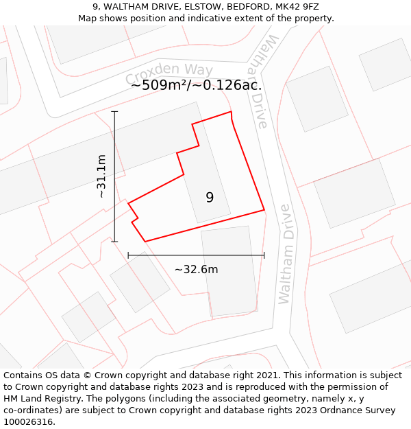 9, WALTHAM DRIVE, ELSTOW, BEDFORD, MK42 9FZ: Plot and title map