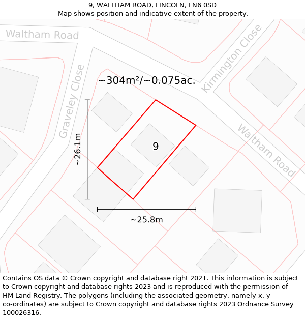 9, WALTHAM ROAD, LINCOLN, LN6 0SD: Plot and title map