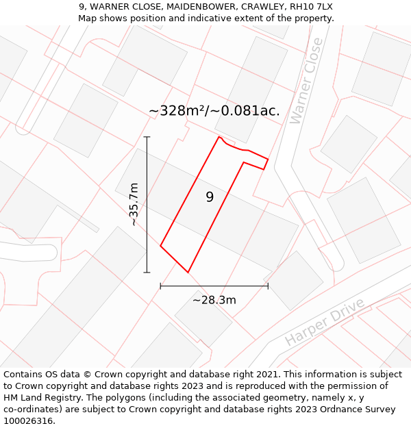 9, WARNER CLOSE, MAIDENBOWER, CRAWLEY, RH10 7LX: Plot and title map