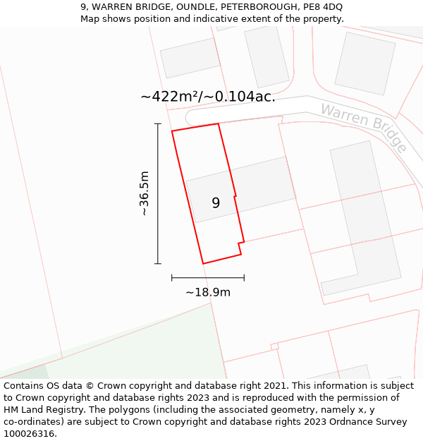 9, WARREN BRIDGE, OUNDLE, PETERBOROUGH, PE8 4DQ: Plot and title map