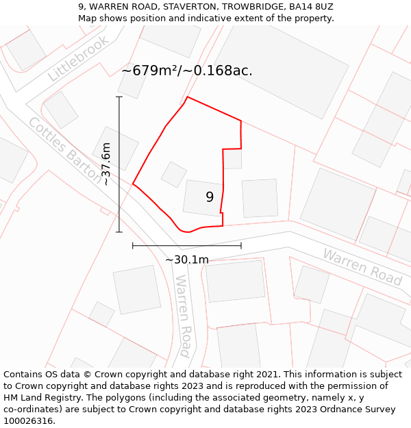 9, WARREN ROAD, STAVERTON, TROWBRIDGE, BA14 8UZ: Plot and title map