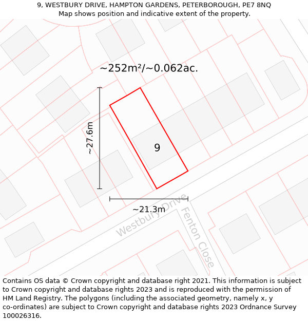 9, WESTBURY DRIVE, HAMPTON GARDENS, PETERBOROUGH, PE7 8NQ: Plot and title map