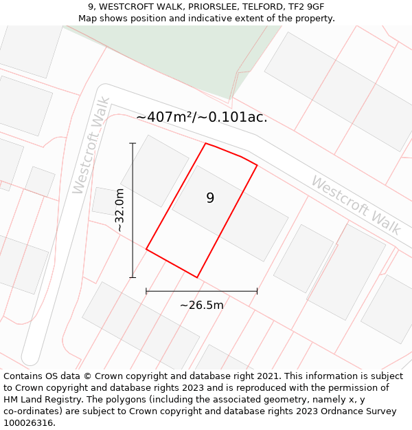 9, WESTCROFT WALK, PRIORSLEE, TELFORD, TF2 9GF: Plot and title map