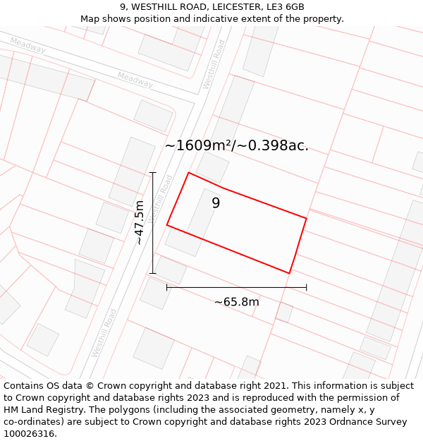 9, WESTHILL ROAD, LEICESTER, LE3 6GB: Plot and title map