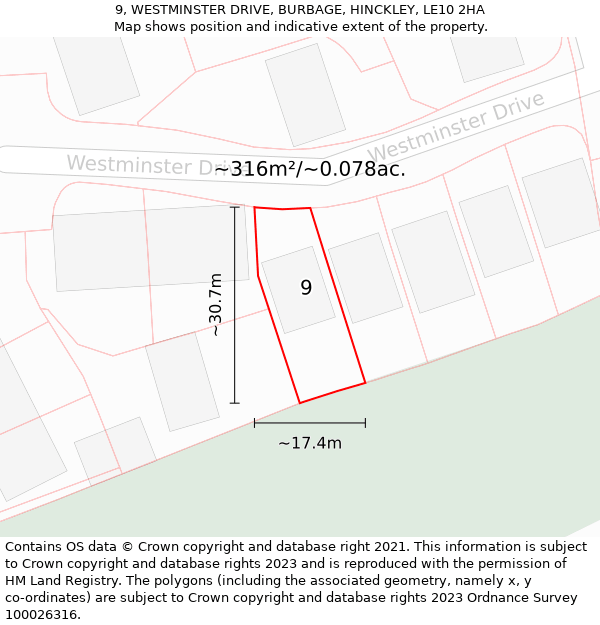 9, WESTMINSTER DRIVE, BURBAGE, HINCKLEY, LE10 2HA: Plot and title map