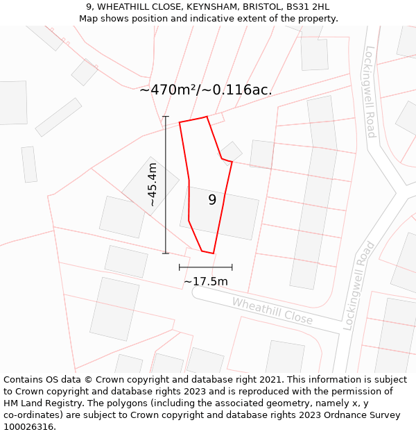 9, WHEATHILL CLOSE, KEYNSHAM, BRISTOL, BS31 2HL: Plot and title map