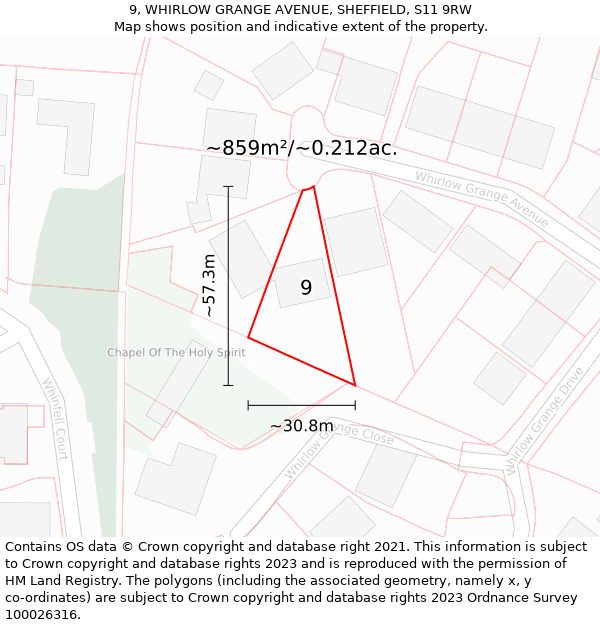 9, WHIRLOW GRANGE AVENUE, SHEFFIELD, S11 9RW: Plot and title map