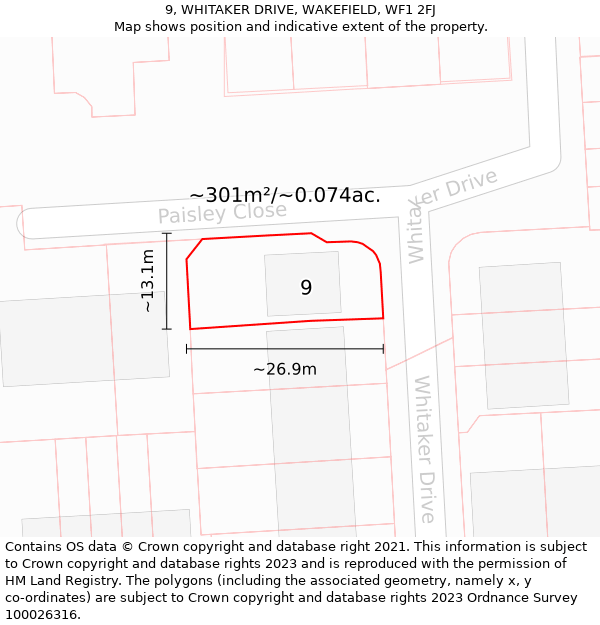 9, WHITAKER DRIVE, WAKEFIELD, WF1 2FJ: Plot and title map