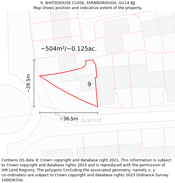 9, WHITEHOUSE CLOSE, FARNBOROUGH, GU14 8JJ: Plot and title map