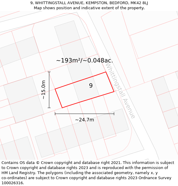 9, WHITTINGSTALL AVENUE, KEMPSTON, BEDFORD, MK42 8LJ: Plot and title map