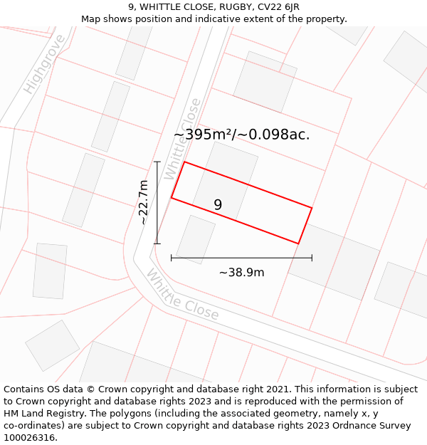 9, WHITTLE CLOSE, RUGBY, CV22 6JR: Plot and title map