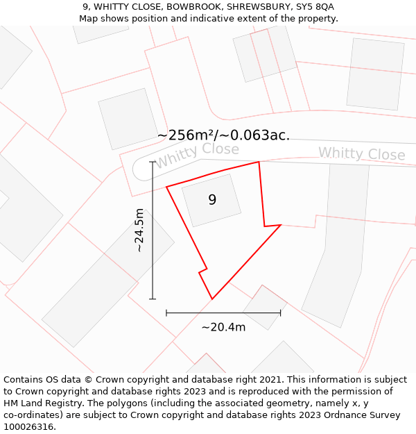 9, WHITTY CLOSE, BOWBROOK, SHREWSBURY, SY5 8QA: Plot and title map