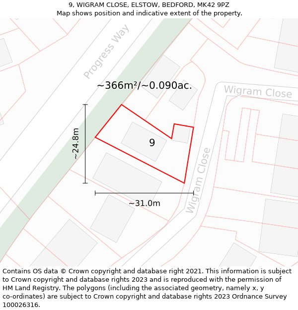 9, WIGRAM CLOSE, ELSTOW, BEDFORD, MK42 9PZ: Plot and title map