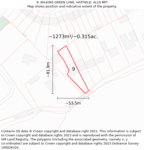 9, WILKINS GREEN LANE, HATFIELD, AL10 9RT: Plot and title map