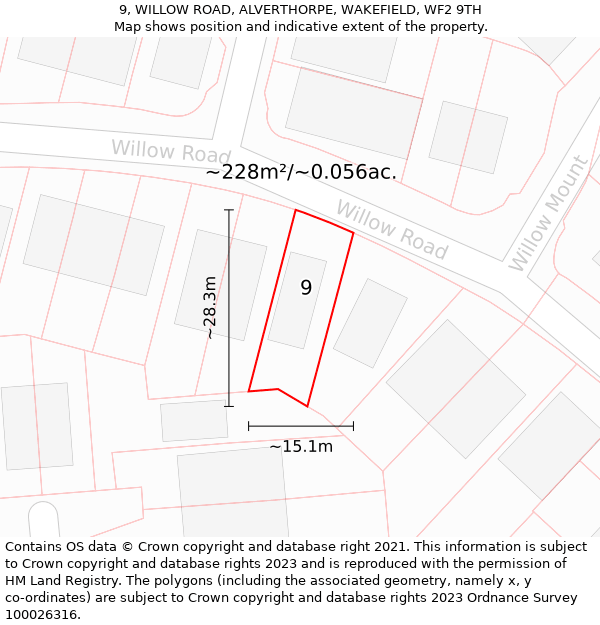 9, WILLOW ROAD, ALVERTHORPE, WAKEFIELD, WF2 9TH: Plot and title map