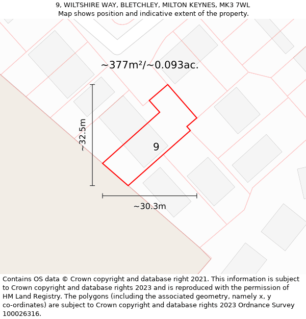 9, WILTSHIRE WAY, BLETCHLEY, MILTON KEYNES, MK3 7WL: Plot and title map