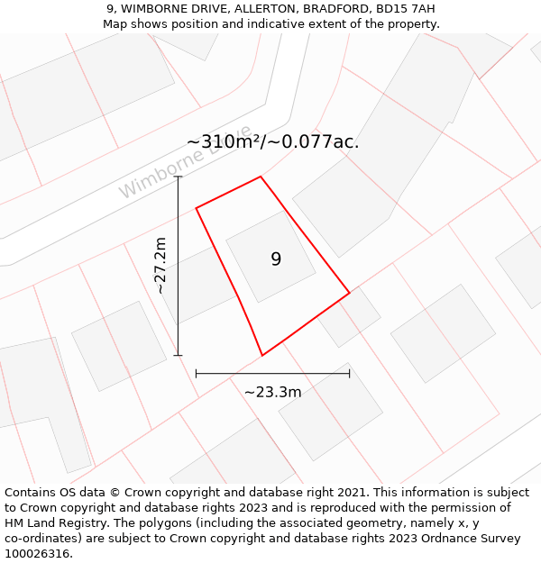 9, WIMBORNE DRIVE, ALLERTON, BRADFORD, BD15 7AH: Plot and title map