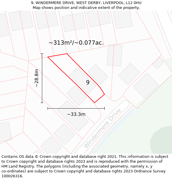 9, WINDERMERE DRIVE, WEST DERBY, LIVERPOOL, L12 0HU: Plot and title map