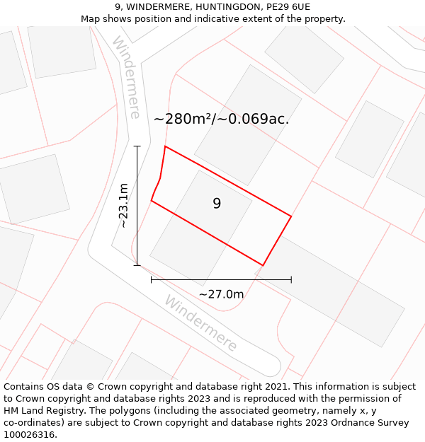 9, WINDERMERE, HUNTINGDON, PE29 6UE: Plot and title map