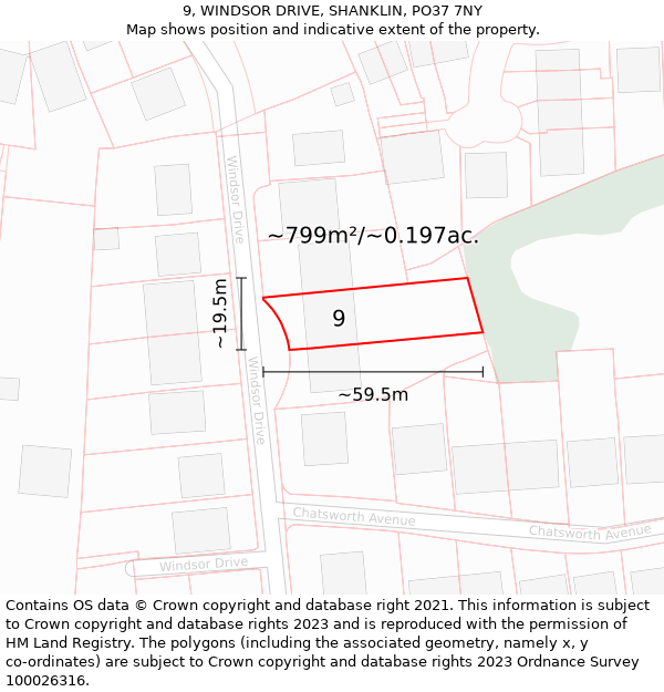 9, WINDSOR DRIVE, SHANKLIN, PO37 7NY: Plot and title map