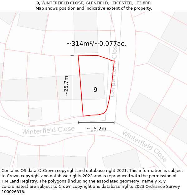 9, WINTERFIELD CLOSE, GLENFIELD, LEICESTER, LE3 8RR: Plot and title map