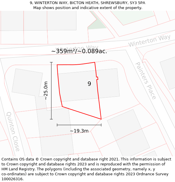 9, WINTERTON WAY, BICTON HEATH, SHREWSBURY, SY3 5PA: Plot and title map