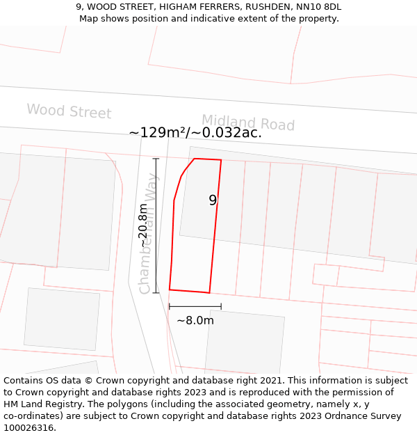 9, WOOD STREET, HIGHAM FERRERS, RUSHDEN, NN10 8DL: Plot and title map