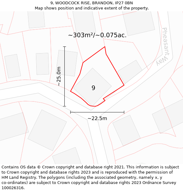 9, WOODCOCK RISE, BRANDON, IP27 0BN: Plot and title map