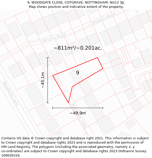 9, WOODGATE CLOSE, COTGRAVE, NOTTINGHAM, NG12 3JL: Plot and title map